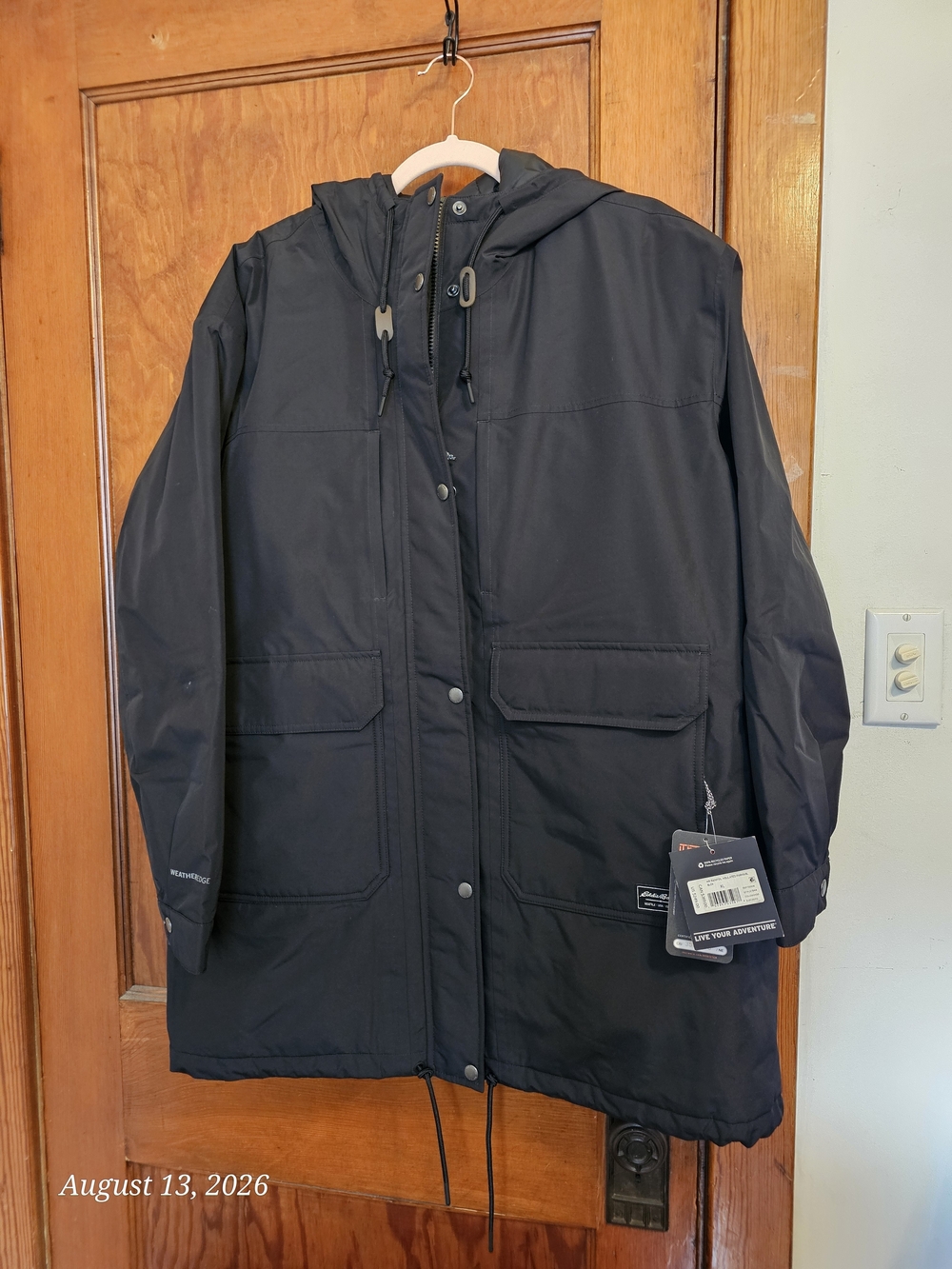 Eddie Bauer Black Hooded Raincoat with Front Flap Pockets
